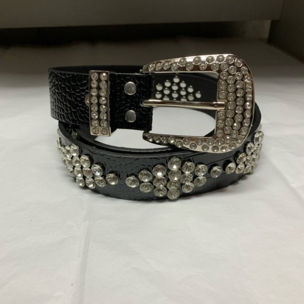 Vegan Black Crocodile Embossed Rhinestone Belt - Picture 4 of 6